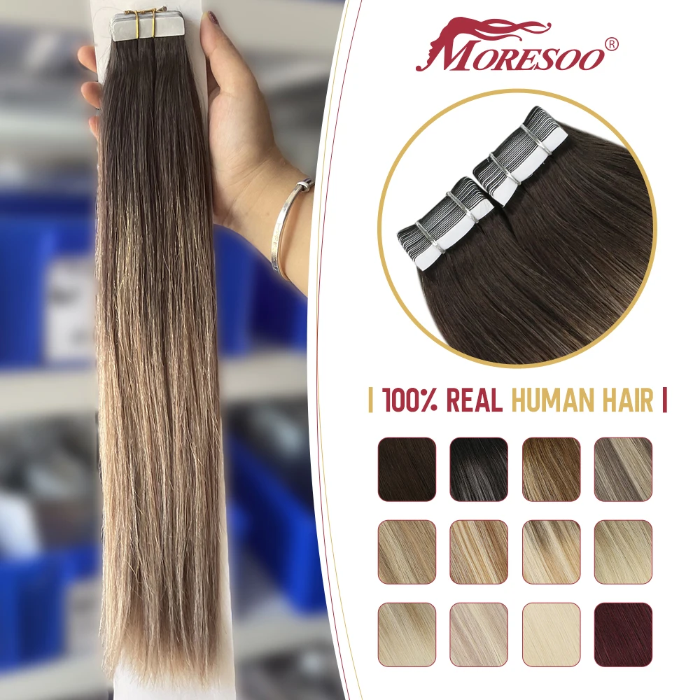 Moresoo תוספות שיער אדם הקלטת אמיתי 100% שיער טבעי ישר מכונת רמי 2.5 G/PCS ברזילאי שיער חלק בלתי נראית.