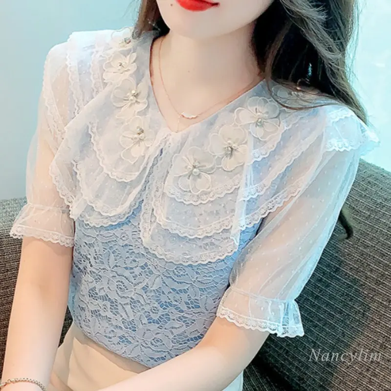 2023 קיץ כחול תחרה חולצה אישה חדשה סגנון קוריאני הצעיר פיטר פן צווארון פרח חרוזים שיק העליון בנות Blusas