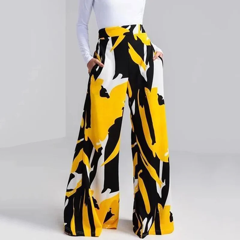 Lemongor נשית בגזרה גבוהה ניגודיות צבע מודפס רחב הרגל המכנסיים קיץ אופנה מזדמן יוצא מכנסיים לנשים 2023